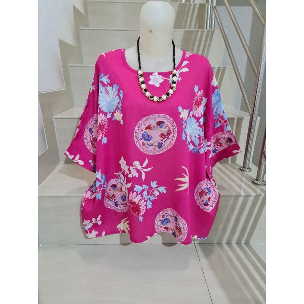 Blouse Brukat dan Kaos Bunga Import Jumbo XL-5XL-Pink Bulat - 5XL