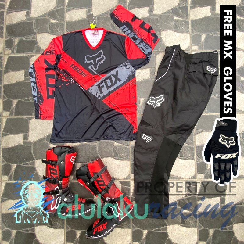 Jersey, Celana, Sarung Tangan &amp; Sepatu Fullprint with Protectors Fullset MX Trail Motocross - Paket Bundling FOCTFG150103-F41