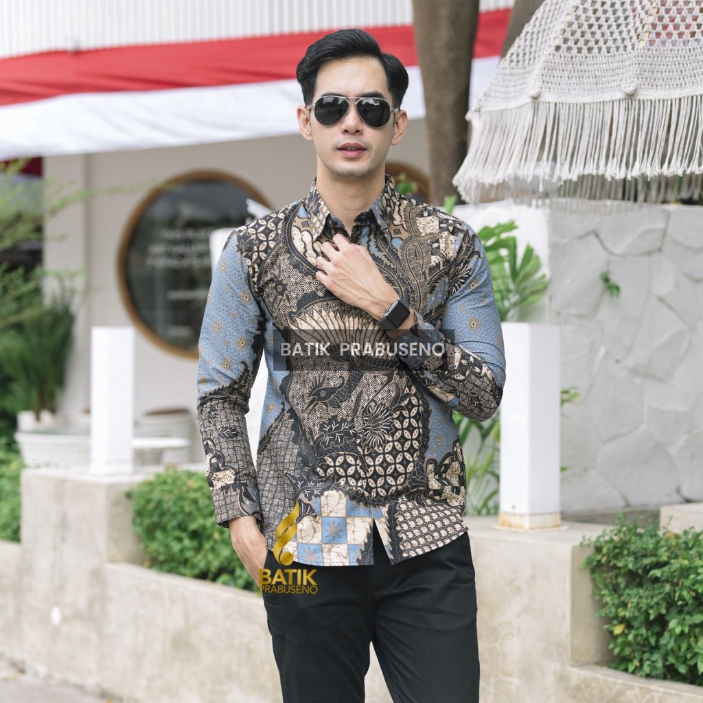 Indragiri Biru Kemeja Batik Pria Lengan Panjang Slim Fit Slimfit Prabuseno Full Furing Jumbo Modern 