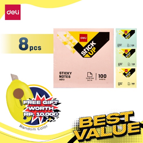 Deli Paket Kombo ATK Ekonomis 8 pcs Sticky Notes Memo Tempel 76mm 4 Warna Gratis Mini Cutter EA01303