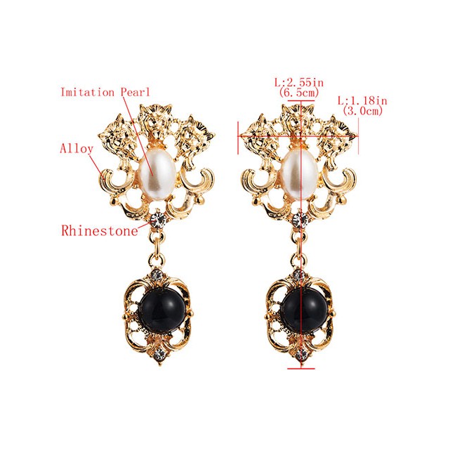 LRC Anting Tusuk Fashion Three Alloy Lion Head And Diamond Pearl Earrings D86611