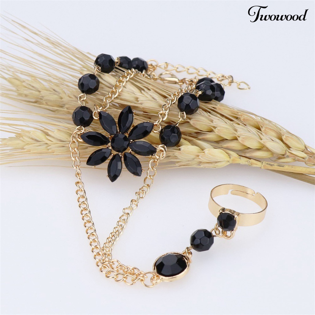 Twowood Flower Shape Luxury Hand Harness Bracelet Women Adjustable Finger Ring Bracelet Fashion Jewelry