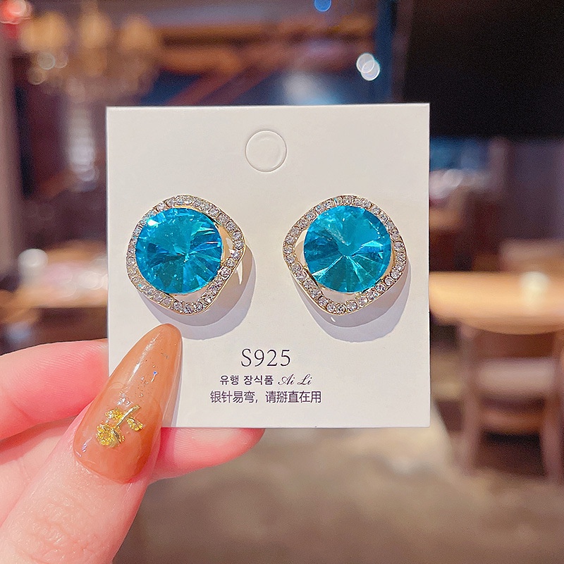 Anting Stud silver needle 925 Hias Kristal Berlian Biru Kilau Geometris Untuk Wanita