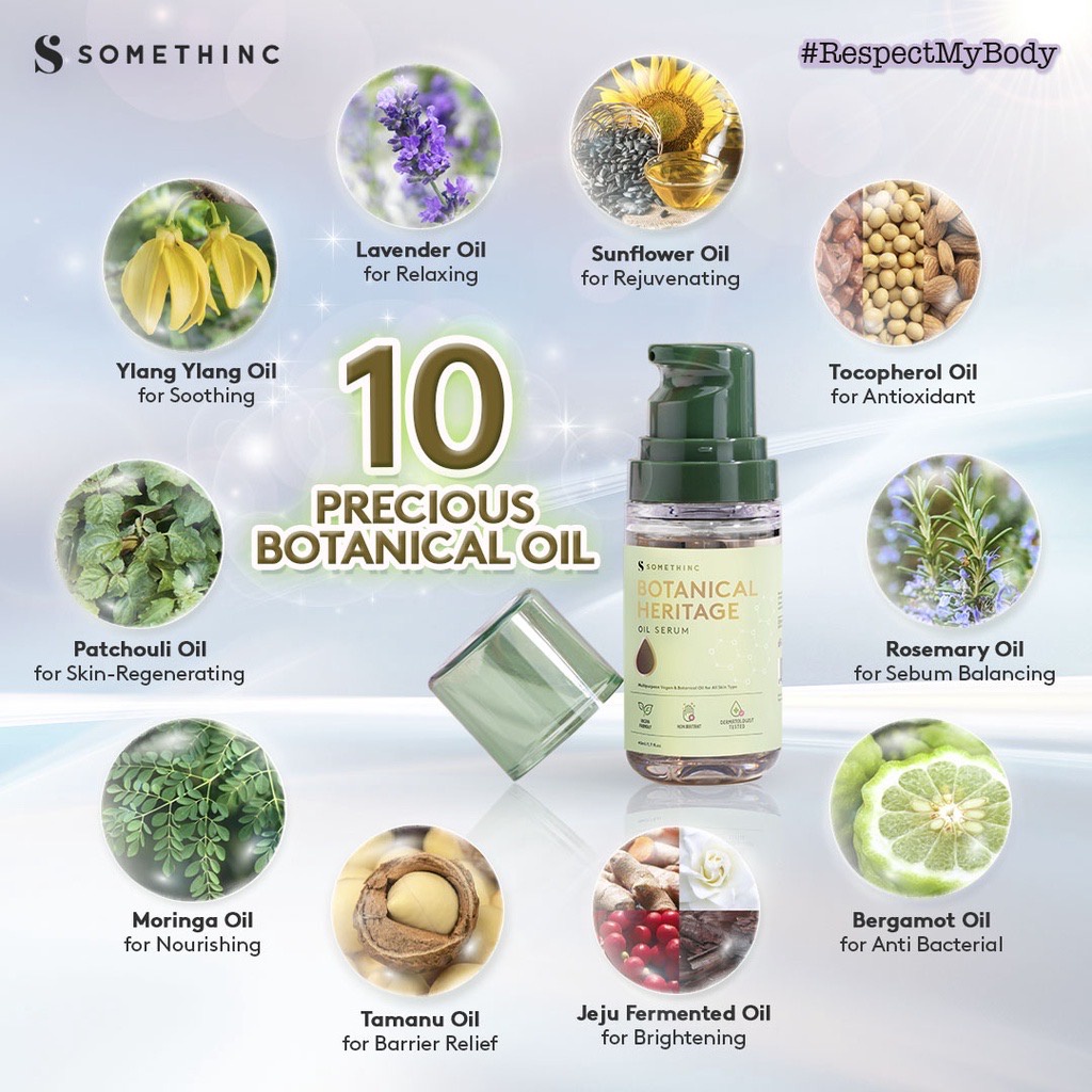 SOMETHINC Botanical Heritage Oil Serum Indonesia / Body Care Skincare Make Up Cleanser Essence Toner Eye Cream Gel Sunscreen Mask Lotion Creme Bust Firming / Foundation Cushion Loose Powder Blush On Concealer Lipstick Lip Tint Gloss Sugar Wax / Paket Set