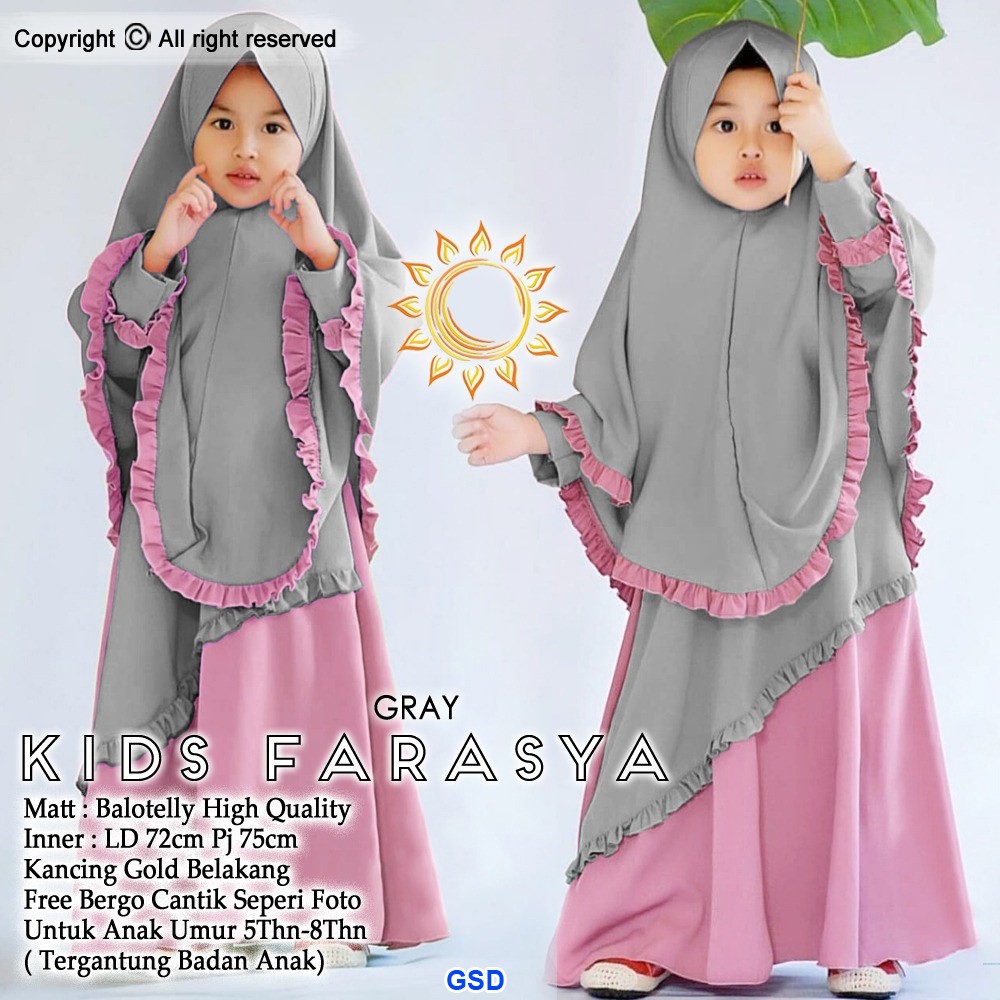 Kids farasya/gamis syari anak+pashmina instan/baju gamis anak asimetris murah/set muslim anak