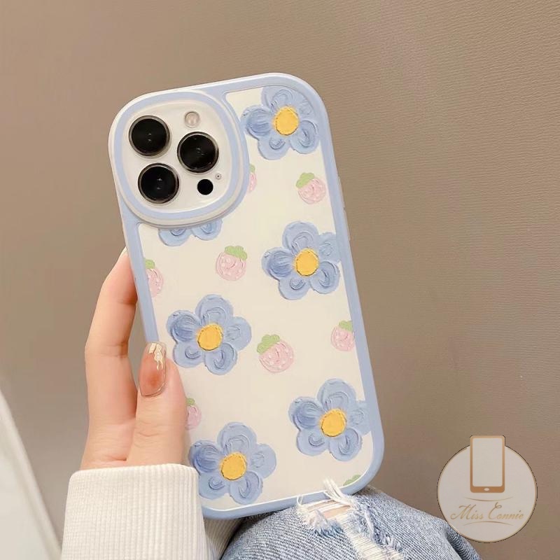 IPHONE Ins Lukisan Cat Minyak Pola Bunga Biru Kompatibel Untuk Iphone11 12 13 14 Pro Max7 8 6 6s Plus XS X XR XS Max SE 2020lembut Tpu Musim Panas Strawberry Shockproof Pelindung Kamera Back Case