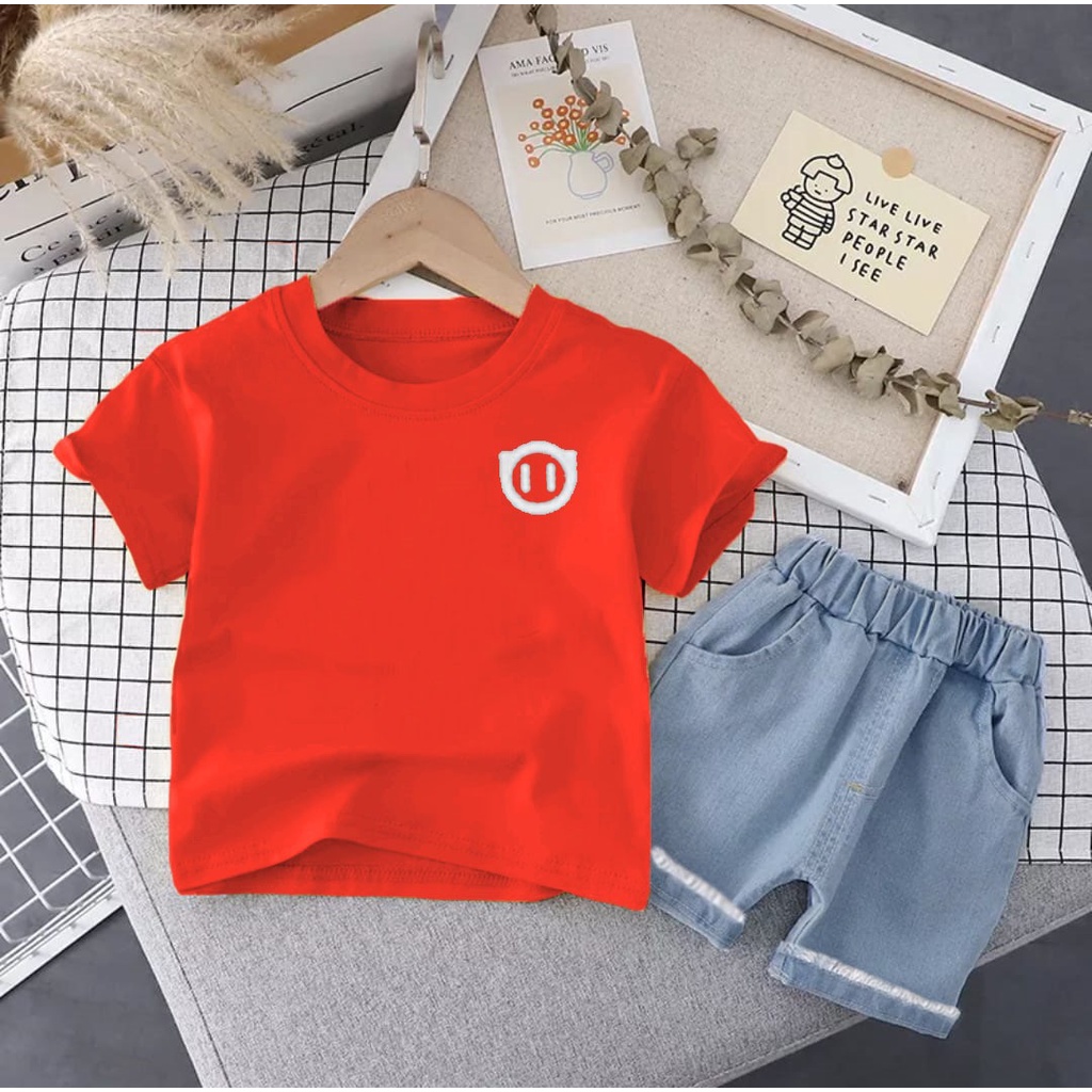 SETELAN ANAK KAOS BAHAN KATUN CELANA PENDEK DENIM UMUR 1-5 TAHUN SETELAN BC BAJU ATASAN ANAK LAKI LAKI PERMPUAN TERBARU OUTFIT ANAK MASA KINI BAJU KASUAL ANAK TERMURAH