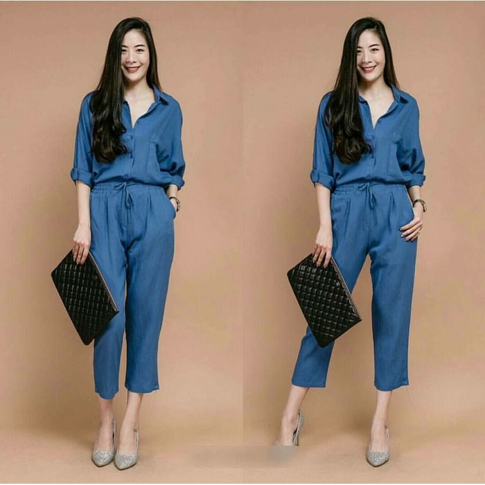 Jumpsuit Wanita Panjang Hijab Import Overall Polos Korea Katu Ye3 JP969 Big Jp Blue [Jumpsuit Overa
