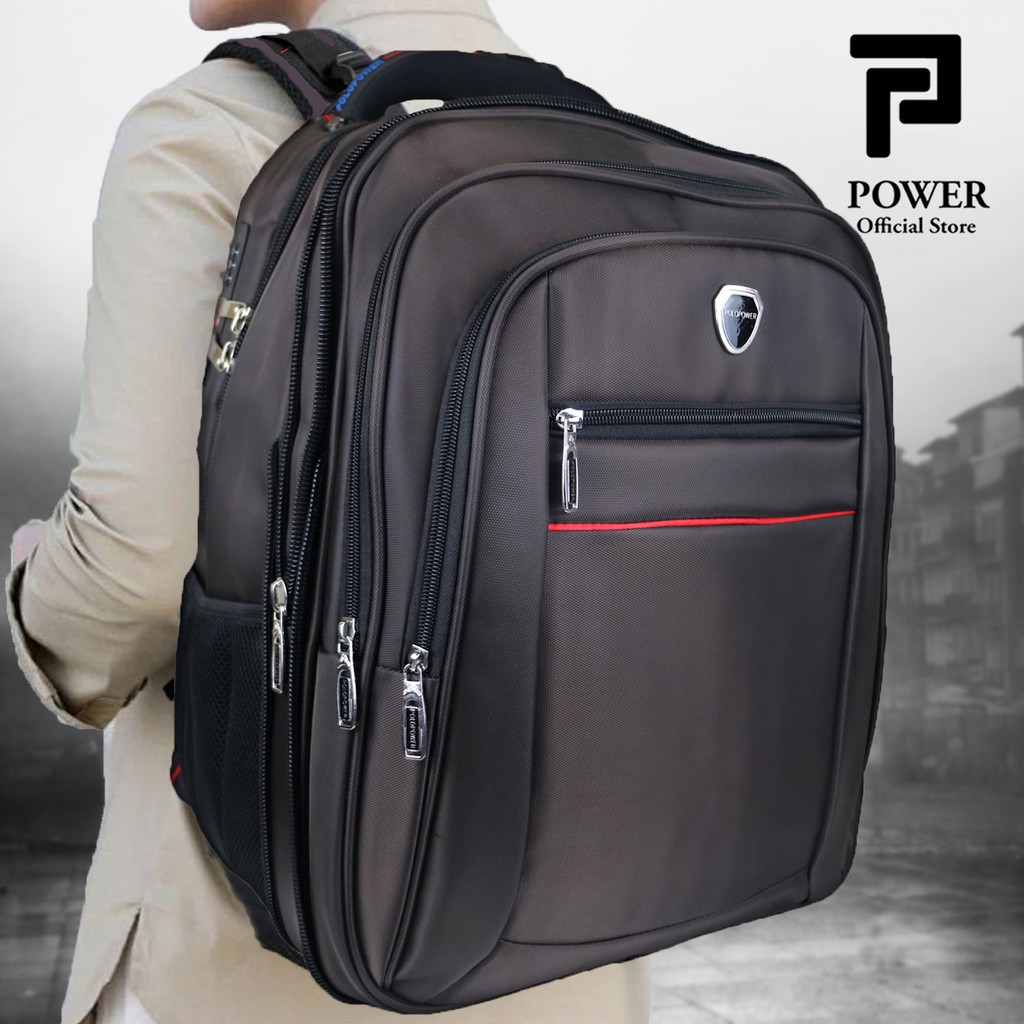 Polo Power Tas Ransel Pria 20 inc Jumbo Size Backpack Expanding USB Portable  + Keylock Tas Laptop Kunci Tas Polo Big Size Original Ransel Travel Import