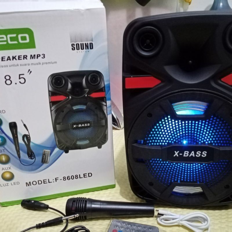 COD✓ SPEAKER BLUETOOTH FLECO 8'5 INCH F-8608 LED FREE MIC KAROKE SUPER BASS