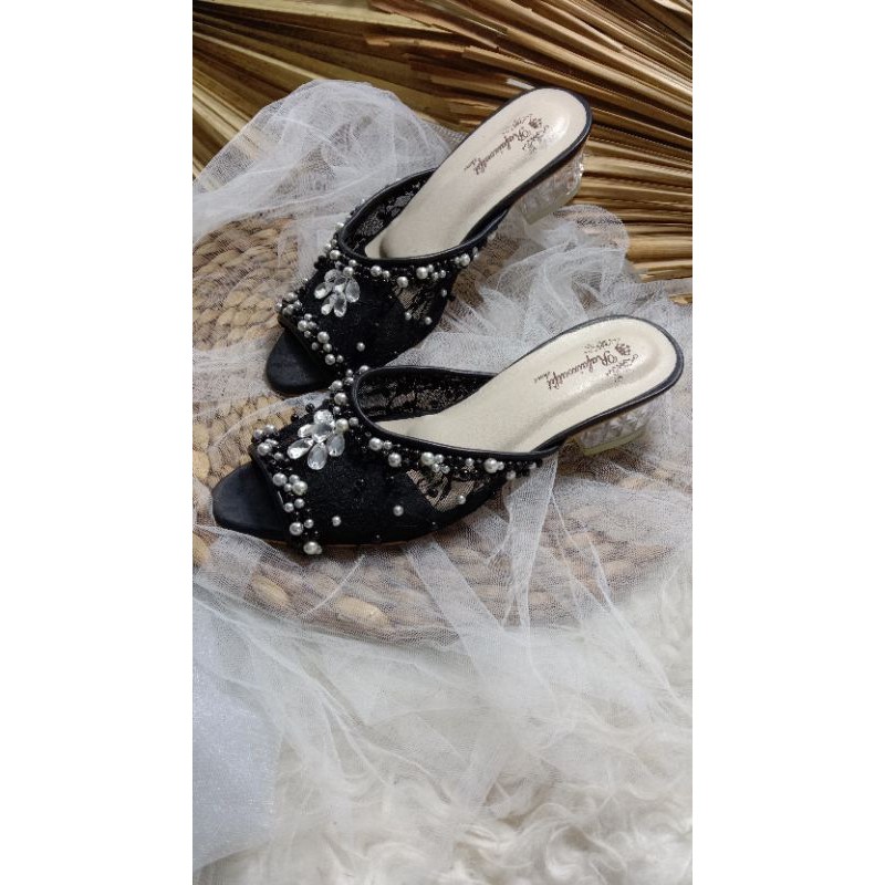 sepatu  Arsy wedding sepatu wedding hitam wanita cantik 3cm kaca