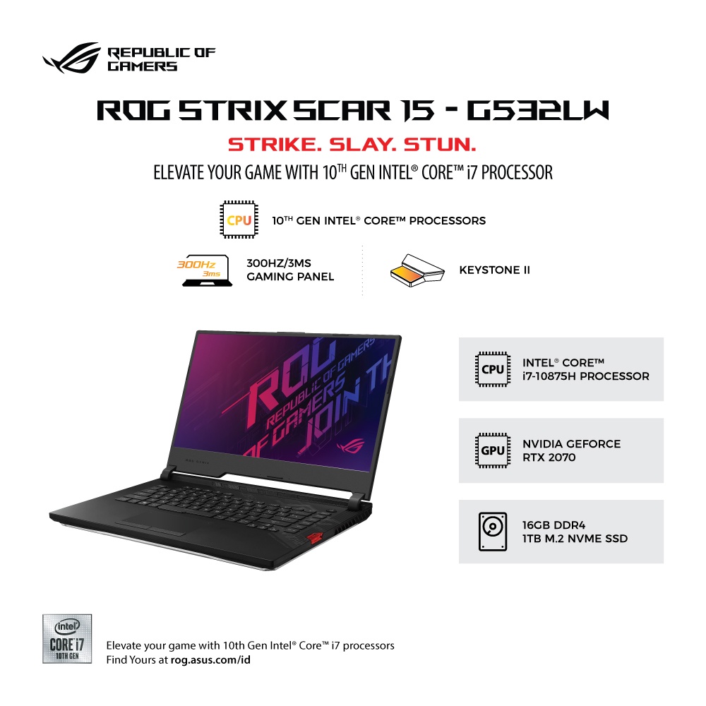 Asus ROG Strix SCAR G532LW-I7R7C6T /Core i7-10875H/16GB/1TB SSD/VGA 8GB/15.6″/Win 10 Home/Black