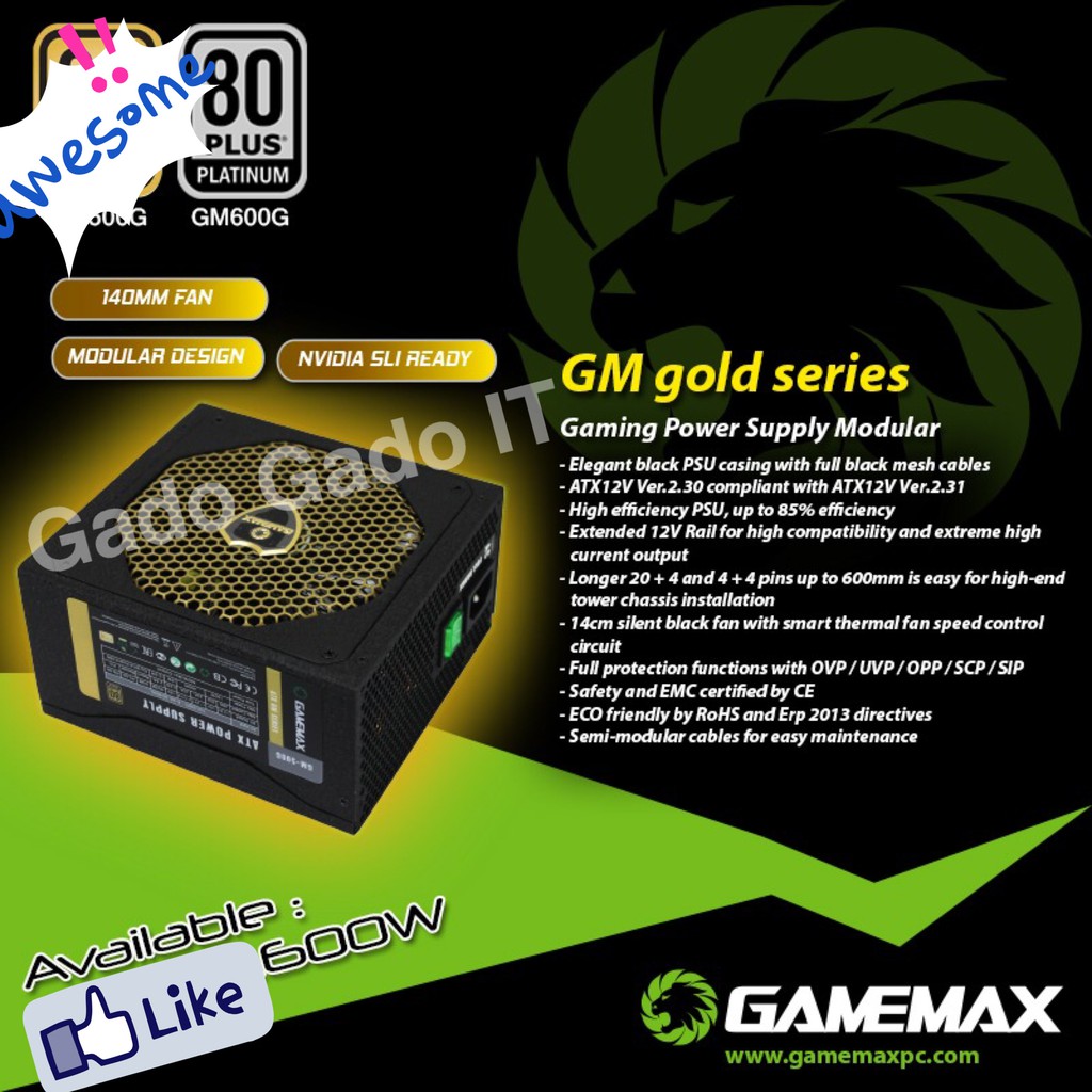 Jual Power Supply Unit PSU GAMEMAX 600Watt 80+ PLATINUM (GM600G