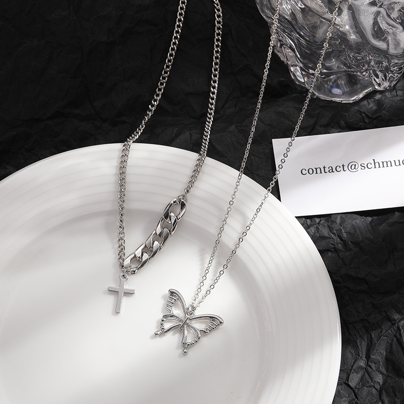 AY(CN) Korean Jewelry Cross Butterfly Pendant Multilayer Necklace Fashion Cool Girl Silver Chain Necklaces Women Accessories Gift