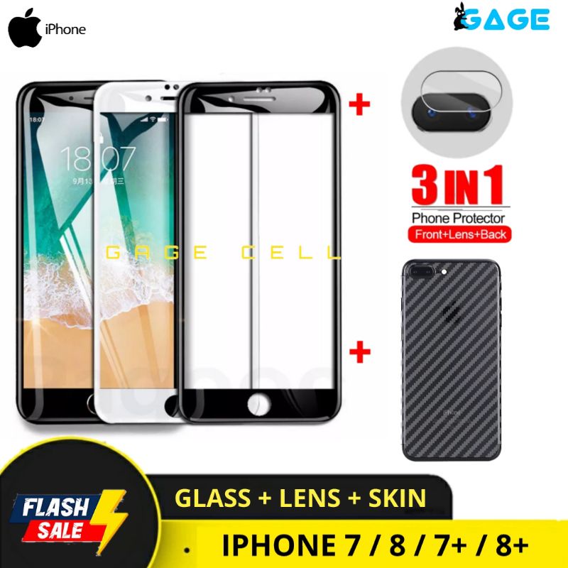 PROMO 3IN1 TEMPERED GLASS LAYAR KAMERA SKIN CARBON IPHONE 7 8 PLUS 7+ 8+ FULL SCREEN PROTECTOR