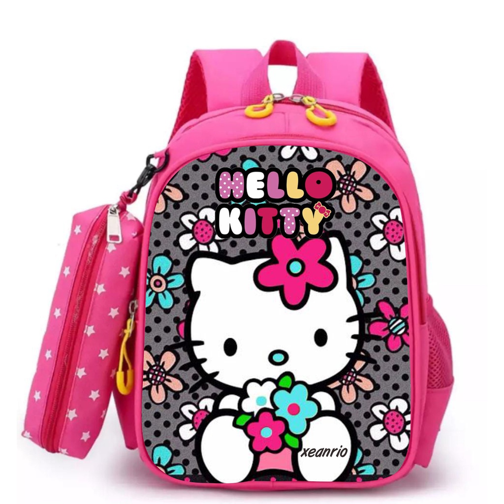 Tas Ransel Sekolah Anak Perempuan TK dan SD PREMIUM Karakter HELLO KITTY Flower 2in1 Bonus Tempat Pensil Terbaru 2022 Bisa COD