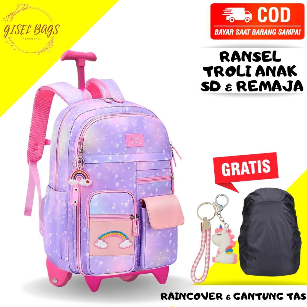 GB Tas ransel troli anak perempuan SD,SMP tas ransel troli dewasa gratis gantung tas dan raincover tas troli import