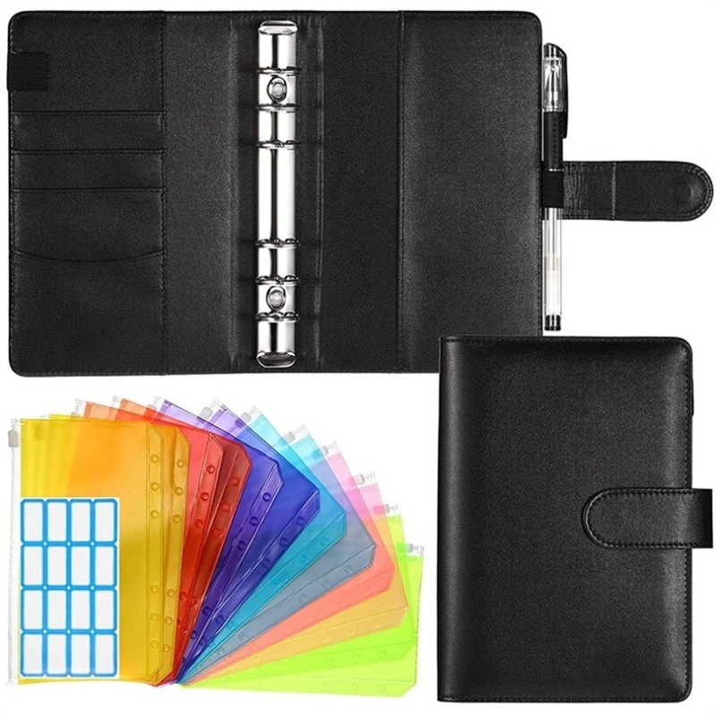 DIY A6 PU Leather Notebook Cover Binder Colorful PVC Zipper Bag Budget Planner Organizer Pockets