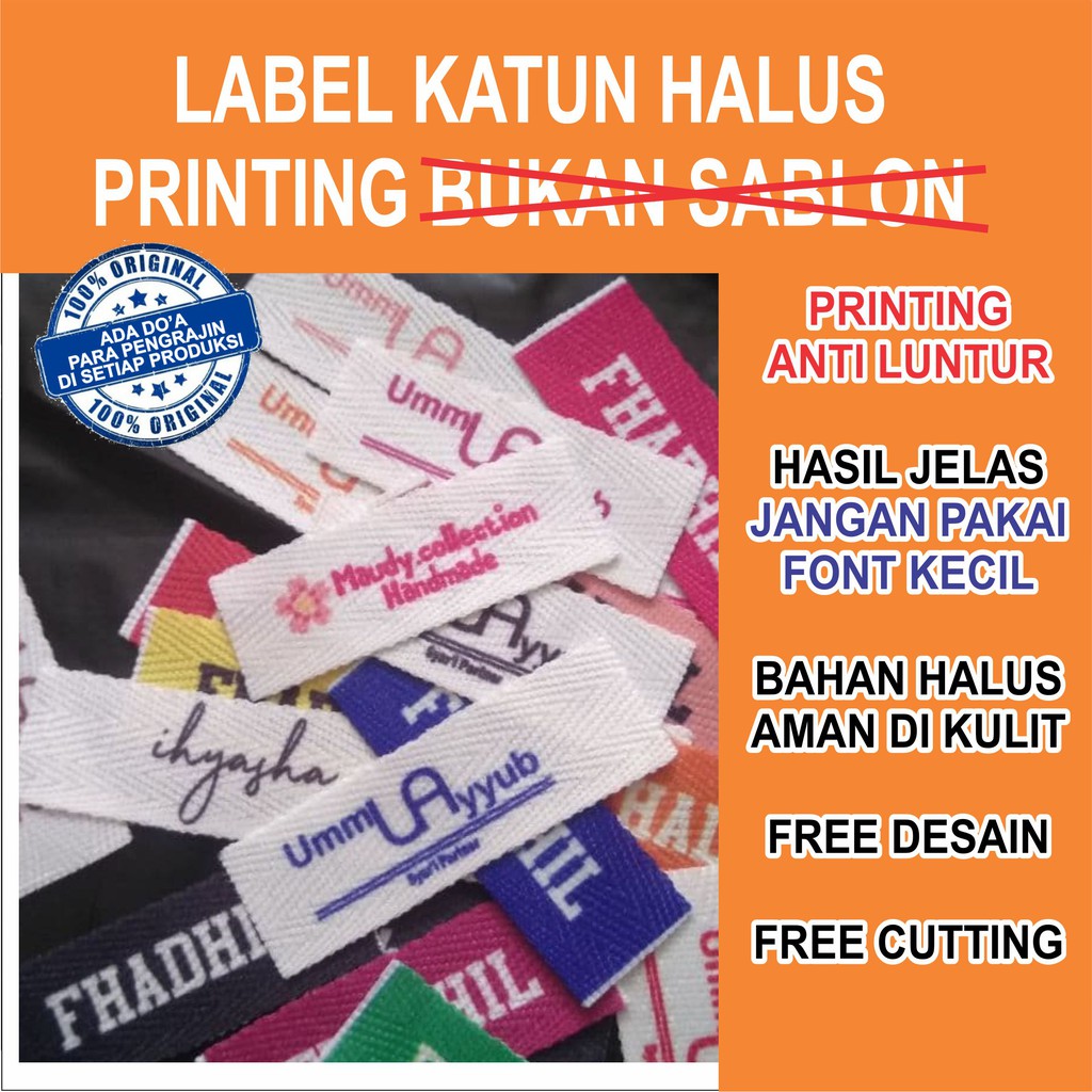 

LABEL BAJU | LABEL HIJAB | LABEL KATUN UKURAN 1,3cm - 1,7cm FREE DESAIN KATUN PRINTING
