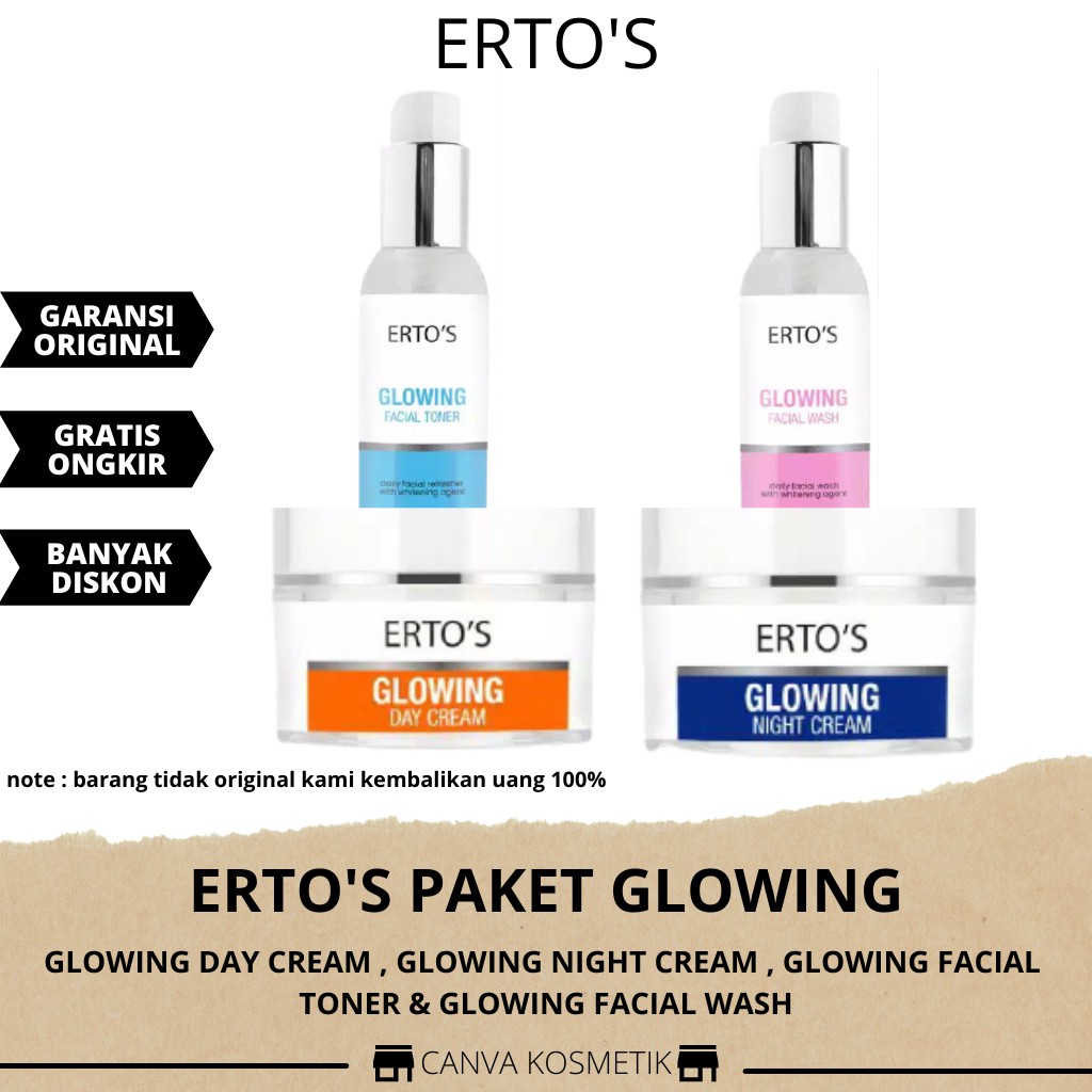 Ertos Glowing Series Paket Lengkap Cream Day Night Toner Facial Wash Krim Pemutih Wajah Ori BPOM