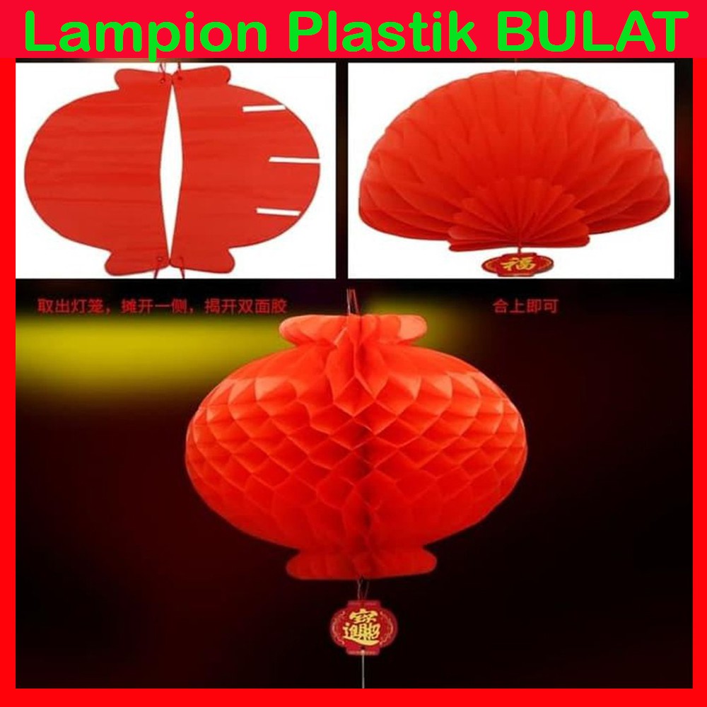 SEPASANG 2PC Lampion Plastik BULAT HONEYCOMB Merah Dekorasi Imlek 12 / 16 / 24 / 28 cm LANTERN MERAH