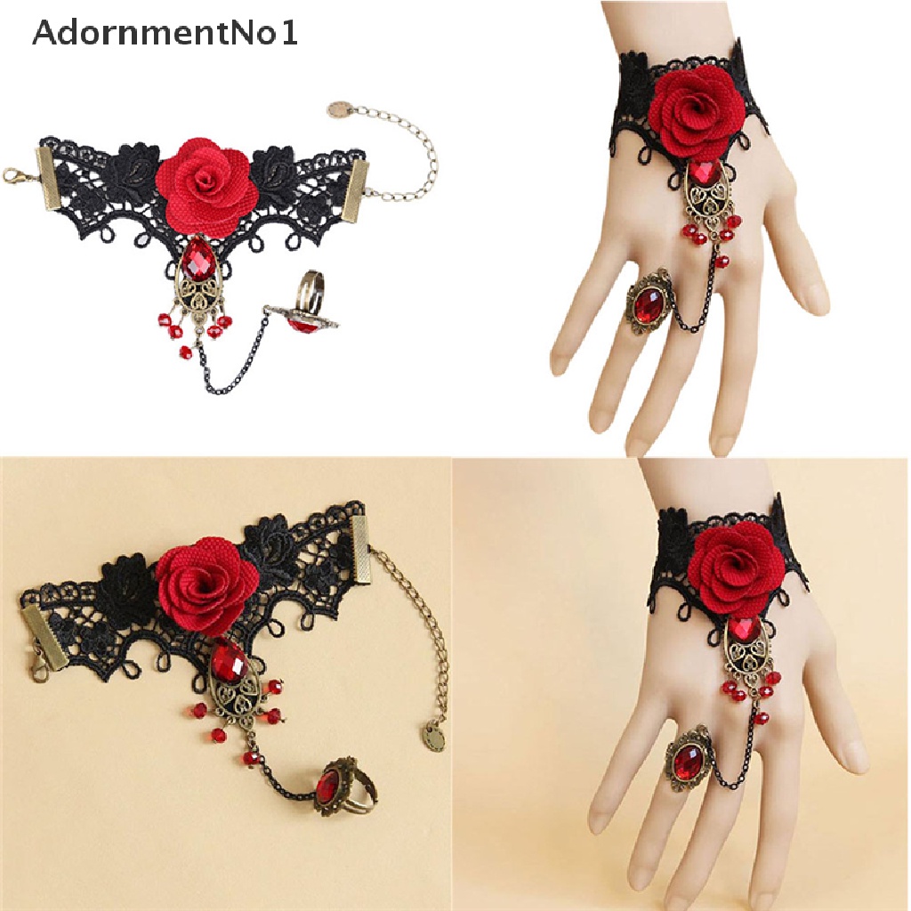 (AdornmentNo1) Gelang Tangan Lace + Cincin Adjustable Motif Bunga Mawar Merah Gaya Gothic Untuk Wanita