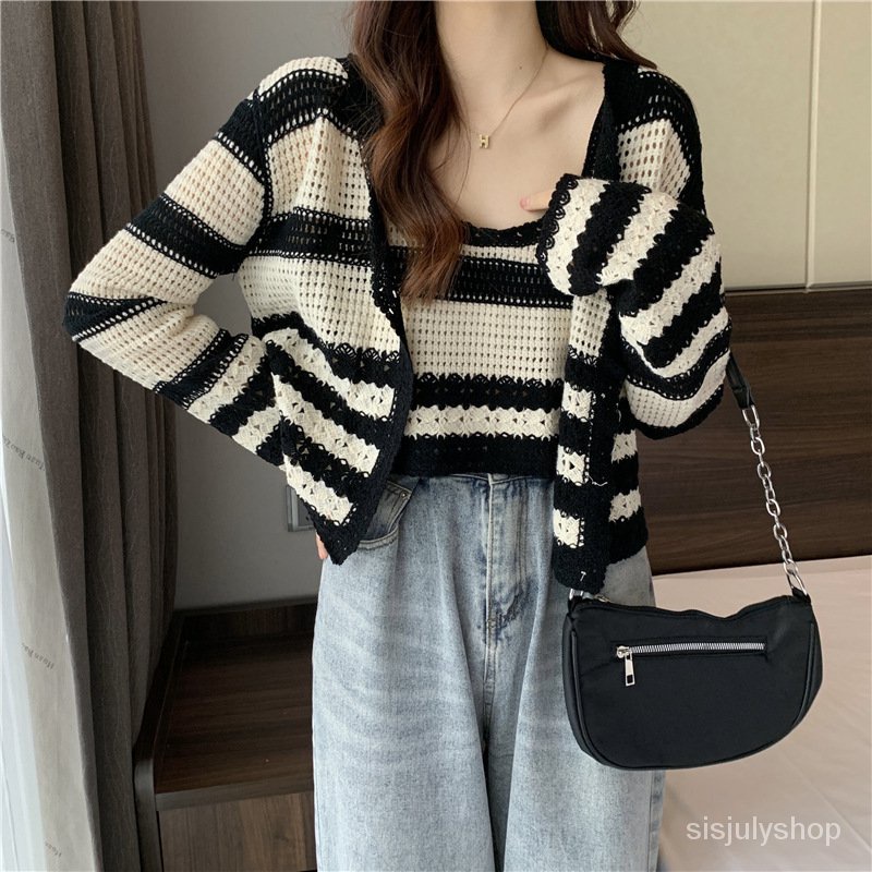 #Sisjuly# Wanita Pakaian Rajut Bahasa Perancis Hollow Bergaris Cardigan Bagian Tipis Sling Dua Poton