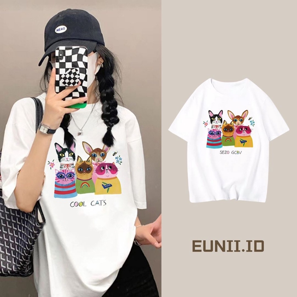 EUNII T-shirt Lengan Pendek Kartun Satwa Pencetakan Longgar Korean Style/Kaos Atasan Wanita/Baju Kaus Oversize Wanita