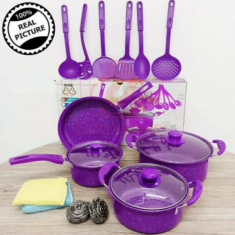 COOKWARE SET GSE 17 PCS | PANCI SET ENAMEL ANTI LENGKET PENGGORENGAN TUTUP KACA BONUS SPATULA SET