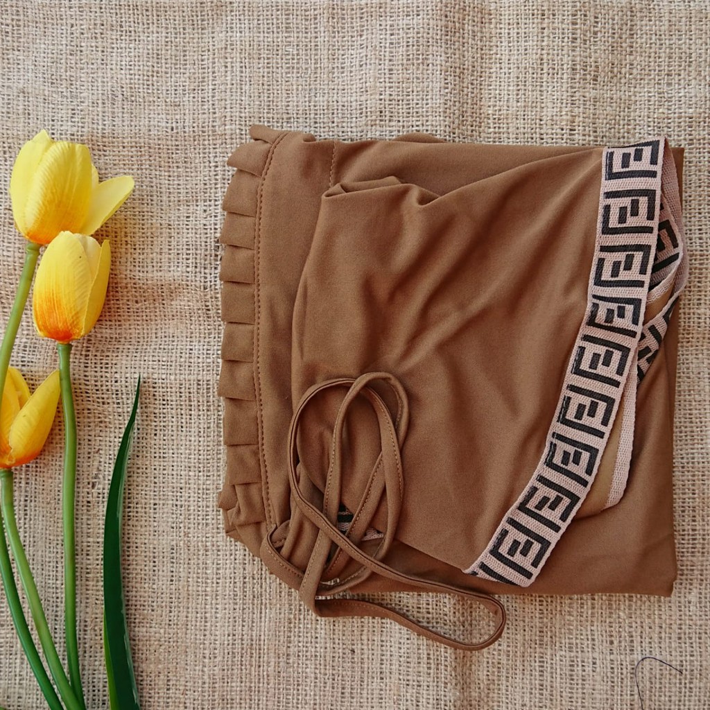 Hijab Instan Gerigi Tali FF/Bergo Tali Pet Gerigi Sporty FF-Mocca