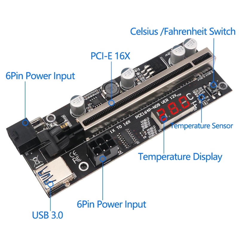 Btsg VER12X Riser Untuk w/Sensor Suhu PCI E GPU Card 1X Ke X16 Kabel USB Untuk Vi