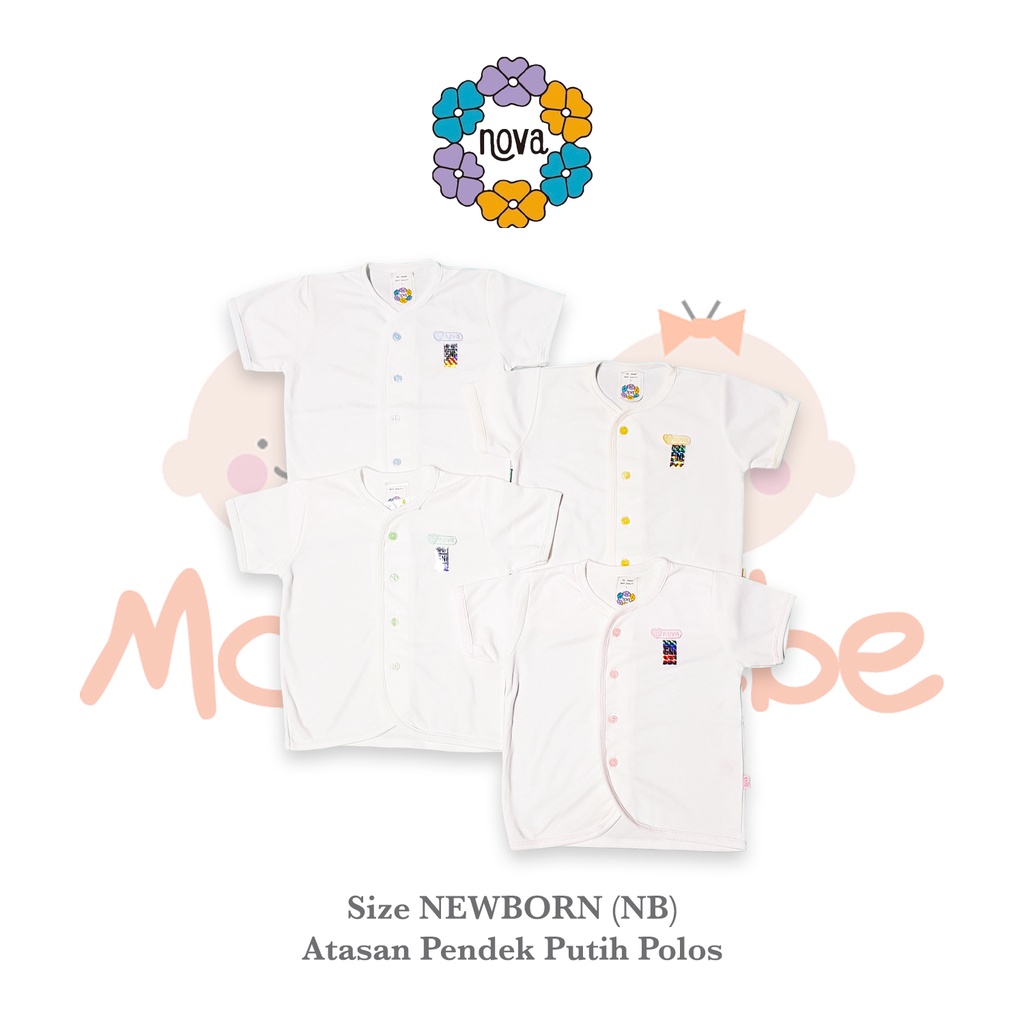 [Size Newborn] Nova Baby Atasan Kancing Tengah Pendek Polos Putih List Baju Bayi