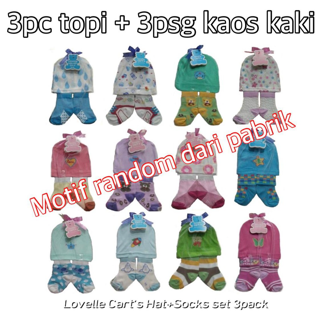 3 Set Topi + Kaos Kaki Bayi Lovelle Cart's 0-12m