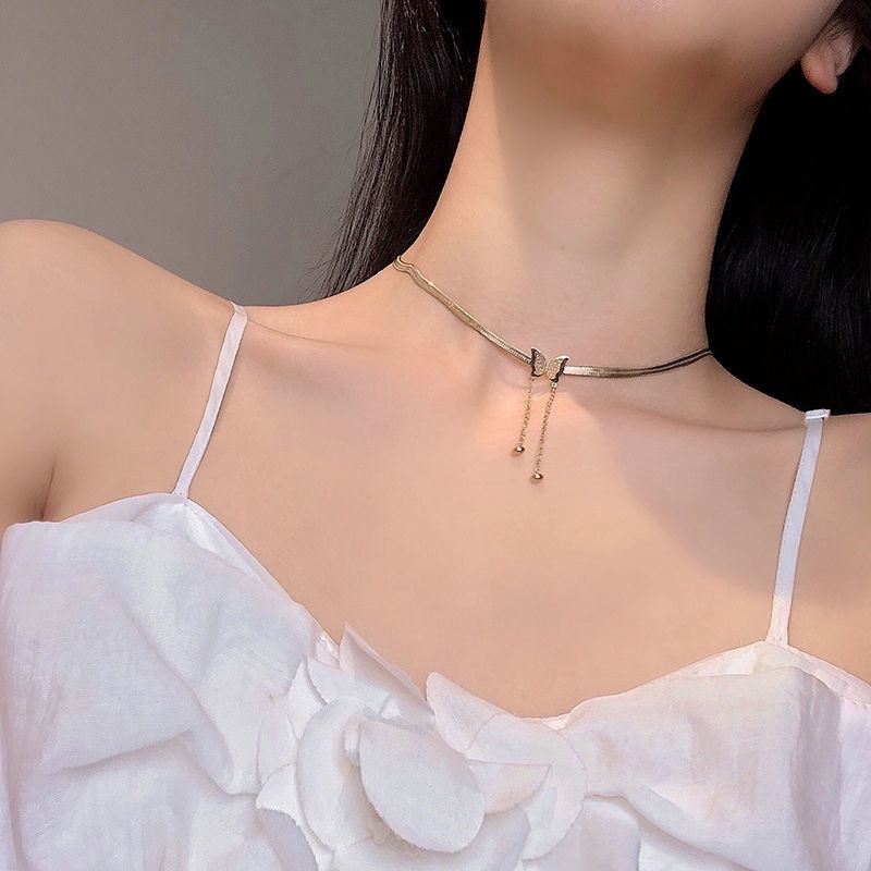 Kalung Titanium Asli Wanita 18k Emas Liontin Kupu-kupu Aksesoris Wanita