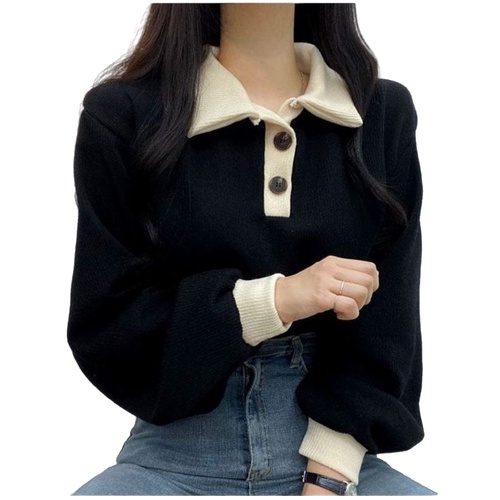 ZASKIYA - Sweater Wanita Oversize | Collar Girl Sweater Kancing Polos Kerah | Sweater Korean Style