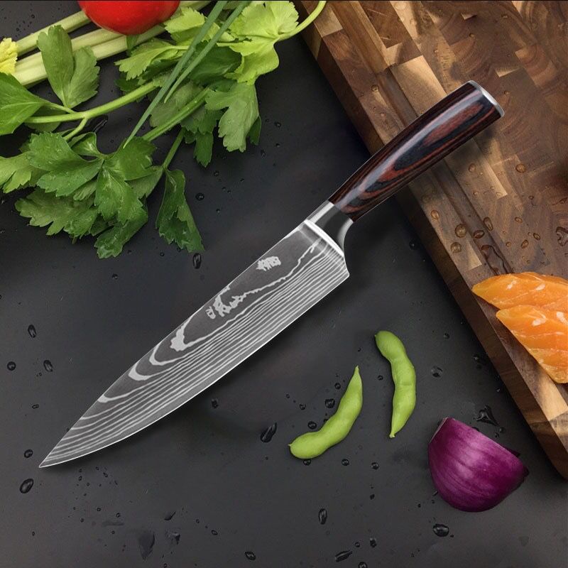 Pisau Dapur Motif Kayu Pisau Daging Sayur Buah Pisau Tajam Damascus Pattern Chef Bread Santoku