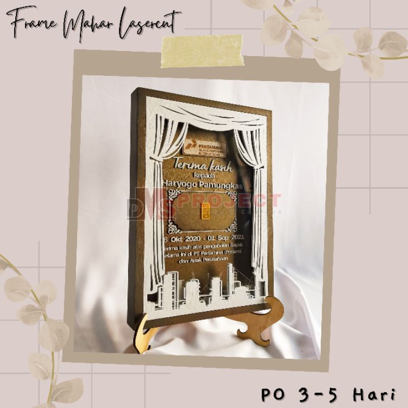 Frame Mahar Seserahan Kenang kenangan Hadiah Plywood Rustic Emas Antam dinar