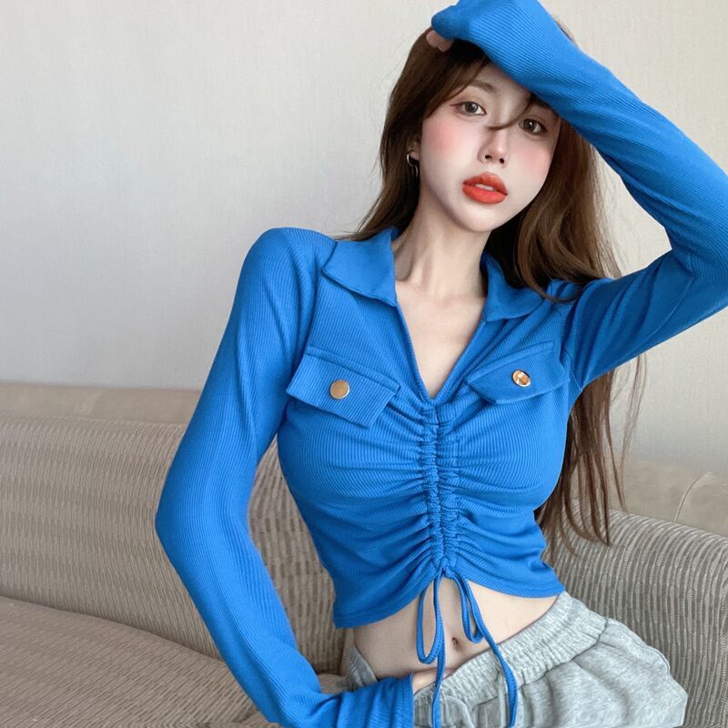 kaos wanita gaya korea pendek high-waisted POLO kerah lengan panjang serut T-shirt top wanita seksi