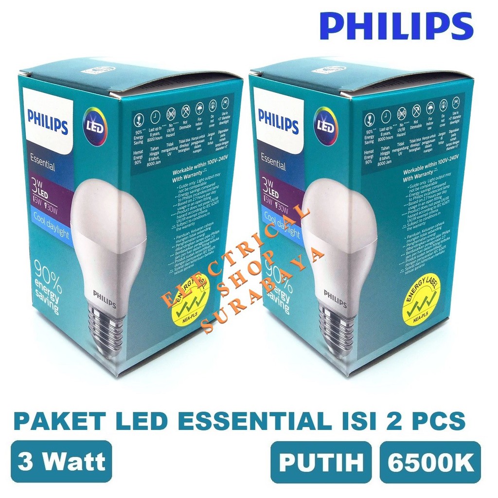 PAKET ISI 2 PCS LAMPU PHILIPS LED ESSENTIAL 3W 3 WATT PUTIH (GROSIR) PROMO MURAH