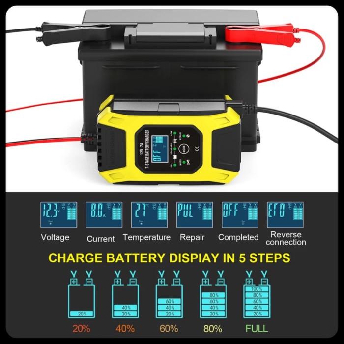 FOXSUR Charger Aki Mobil Motor 12V 7A Smart Charger Original