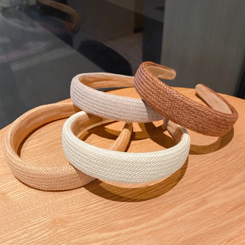 Bando Korea 3.3cm Rotan Tenun Jerami Bandana Headband Busa Lebar Rambut Wanita Dewasa Polos Unik Lucu