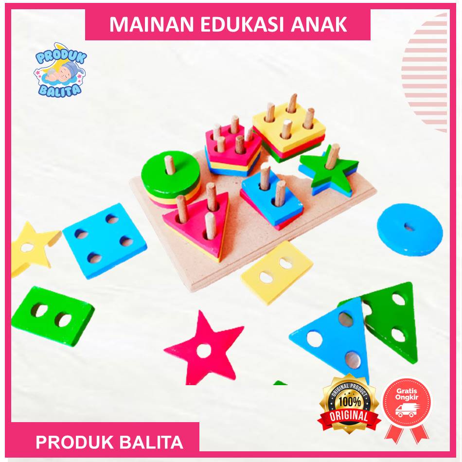 Mainan Edukasi Anak Balita Perempuan Laki Laki Menara Geometri 6 Bentuk