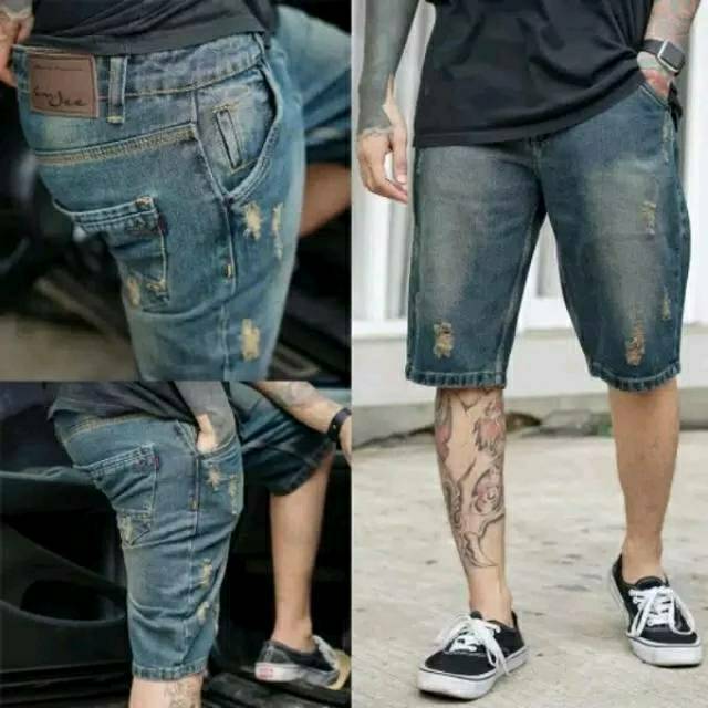 Celana jeans pendek pria jeans sobek cmj ripped jeans pendek sobek jumbo