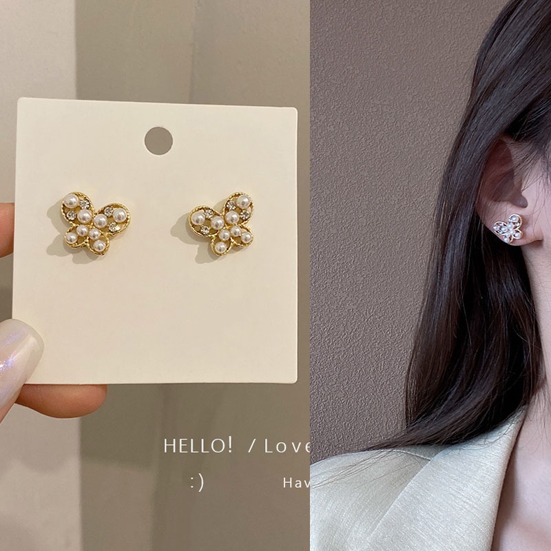 Mini Cute Pearl Butterfly Gold Plated Earrings Ear Studs for Lady Girls