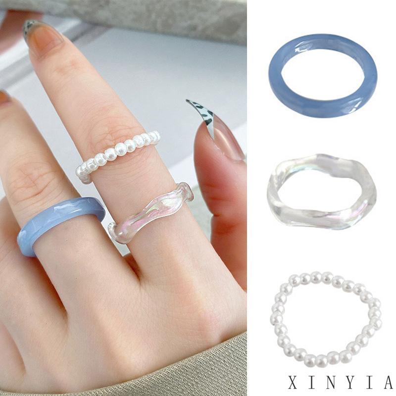 3pcs / Set Cincin Mutiara Resin Warna-Warni Untuk Aksesoris Perhiasan Wanita 【XINYIA】