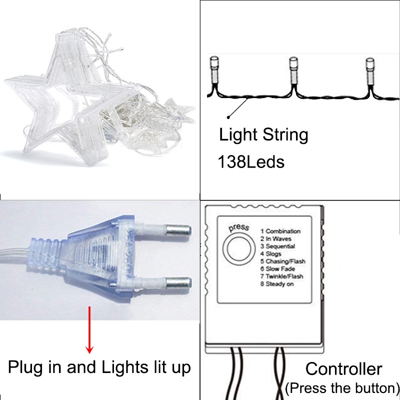 4M LAMPU LED Bintang Bulan Tirai String Lampu 8 Mode Dekorasi Lampu LED Rumah Liburan Pesta Pernikahan Tirai Taman