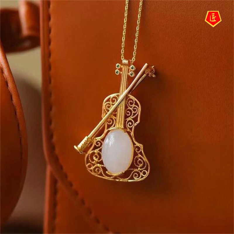 [Ready Stock]Hotian Jade Pendant Violin Necklace Exquisite and Elegant