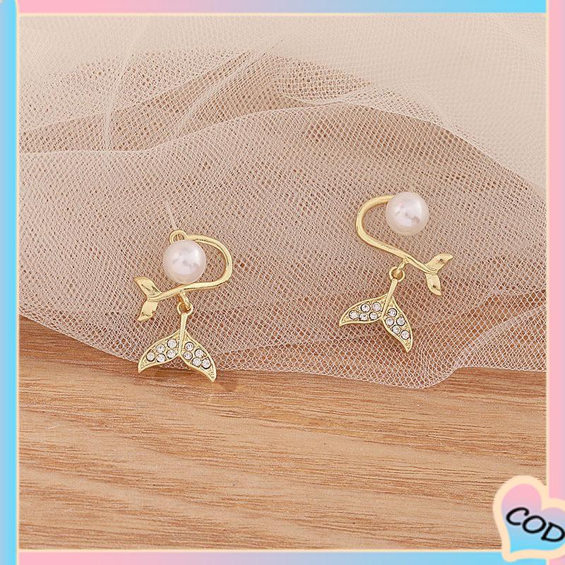 COD❤️ Pearl Fishtail Back Hanging Earrings Wanita High-end Cahaya Mewah Penuh Berlian Anting Geometris-A.one