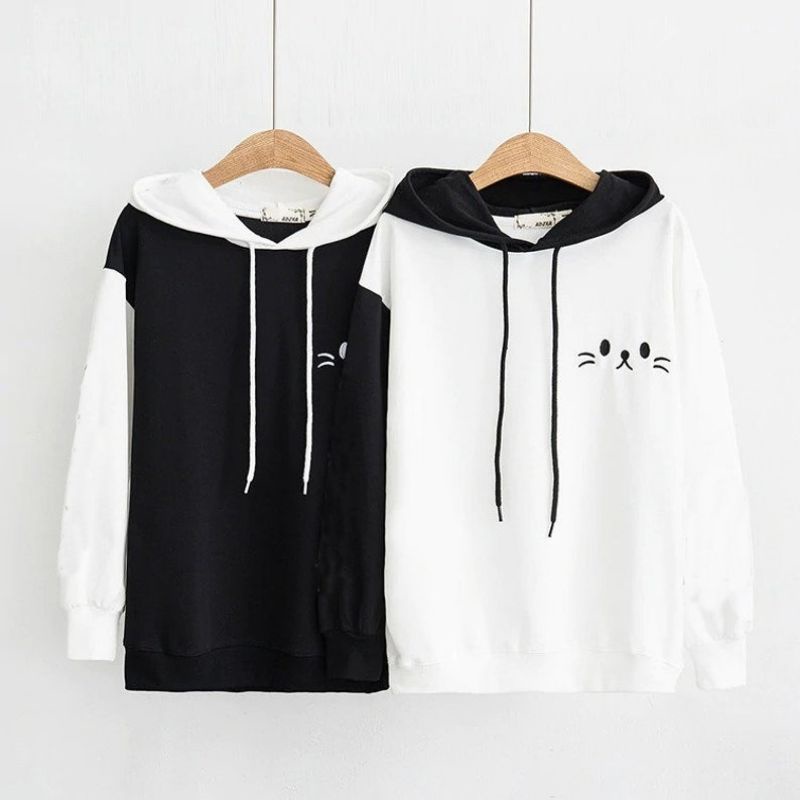 S - XXXXXL(6XL) Hoodie CAT KUCING Cute BIGSIZE Sweater TWOTONE MIX KOMBINASI WARNA Belang Jumbo Oversize Jacket Unisex Loose Long Sleeve Pria Wanita Oblong Fleece Meow Meaw