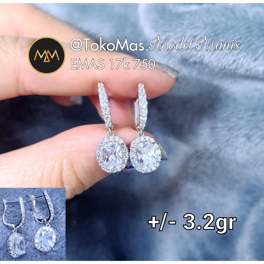 Anting jepit Diamond looks Batu Swarovski emas putih 750 kadar 17k